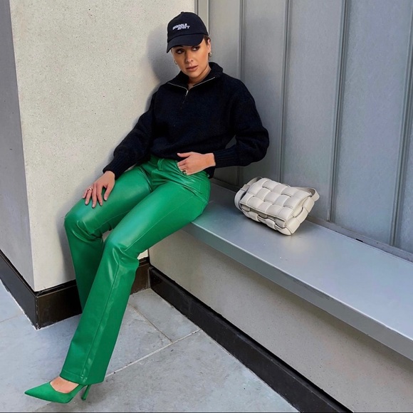 ZARA COLOURED FAUX LEATHER TROUSERS GREEN SIZE-XL - Picture 4 of 16